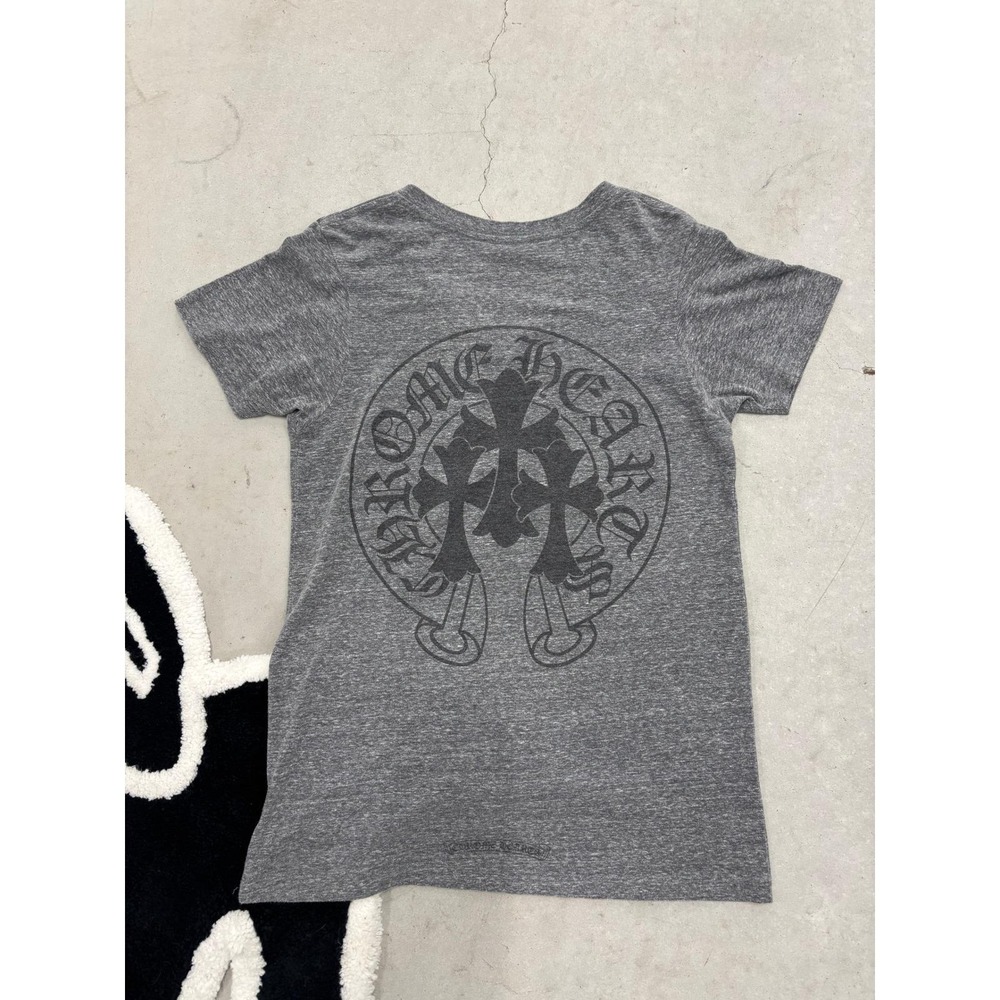 Chrome Hearts Heather Grey V-Neck T-Shirt Horseshoe Cross Logo Large Made in USA